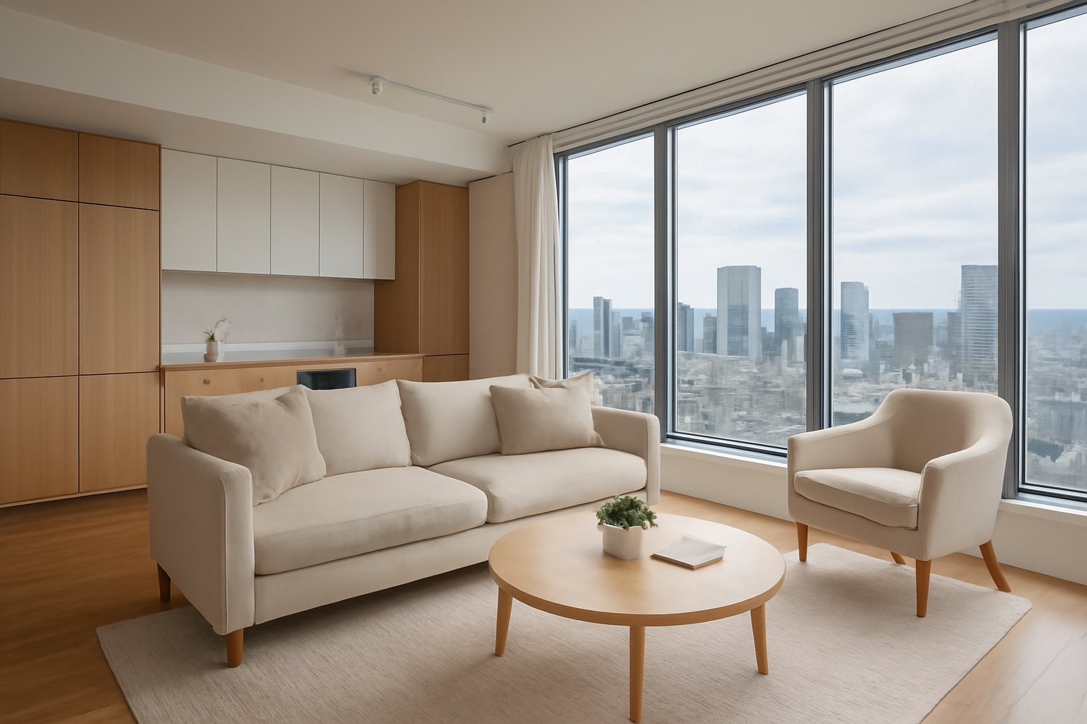 Ruangan kondominium modern dengan jendela besar dan pemandangan kota